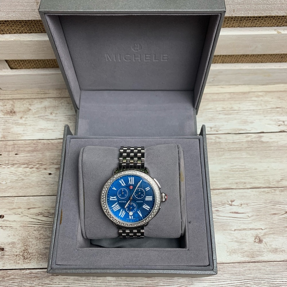 Michele Serein Stainless Steel and Diamond Blue Bracelet Watch, 40mm